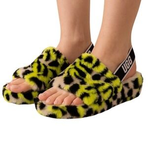 UGG Fluff Yeah Rare Colors Slippers Women's‎ 7 Neon Leopard Print Shearling Fur